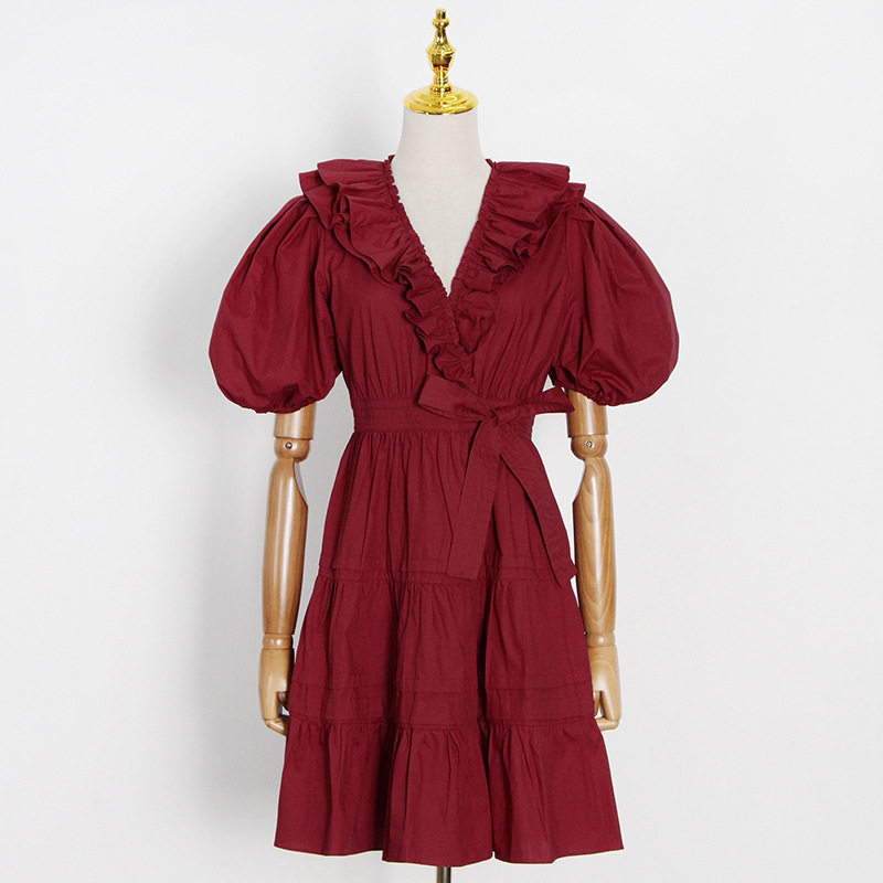 Woman Dress V-neck Puff Sleeve Bandage Beach Dresses Women Vintage Sexy Short Summer Fashion 210513