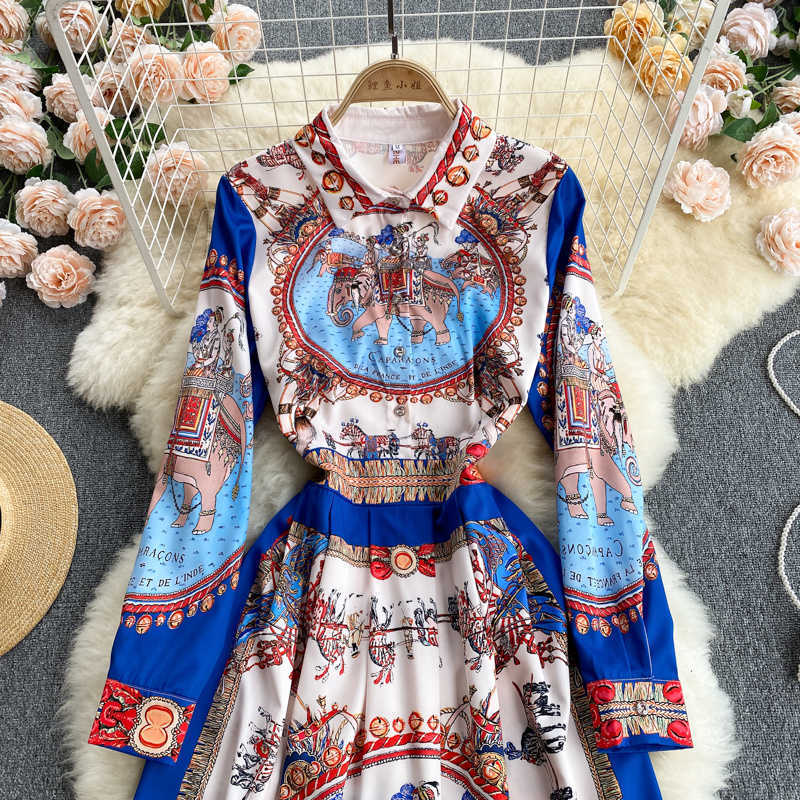 DEAT Women Blue Printign Midi-long Dress Lapel Longd Sleeve Arrivals Lady Temperament Fashion Spring Summer 11D1146 210709