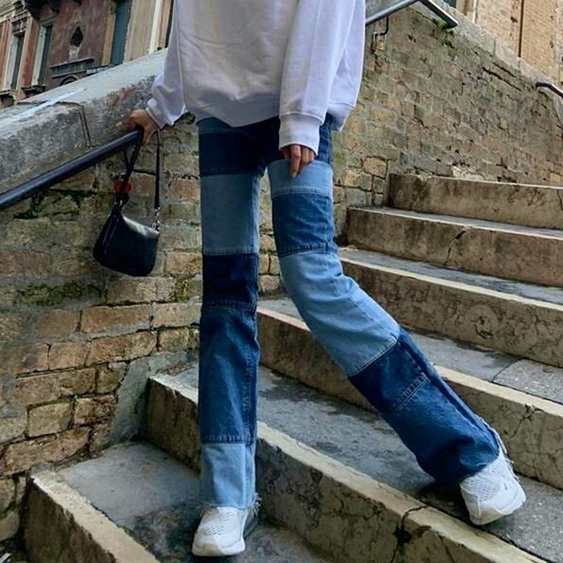 contrast color jeans women's spring fashion stitching high waist raw edge straight streetwear cowboy pants 210427