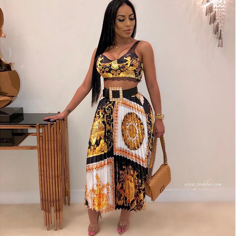 Skirts Half-Length Pleated Skirt Suit Women' Clothing Large Sexy Folds Sling Lace Trim Printed Vest Tops Fashion 2 Piece Set, Black-gold
Skirts Half-Length Pleated Skirt Suit Women' Clothing Large Sexy Folds Sling Lace Trim Printed Vest Tops Fashion 2 Piece Set, Black-gold