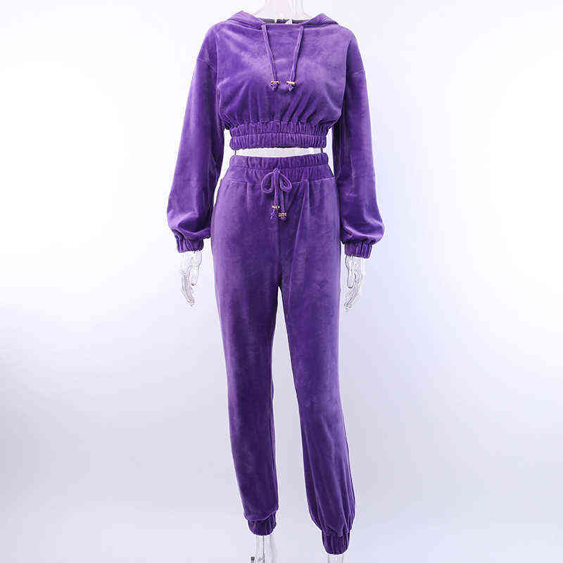 Artsu Flannel 2 Two Piece Set Sport Suit Pink Fleece Crop Top Hoodies Sweat Pants Women Matching Sets Clothing Outfit Sportswear 211105