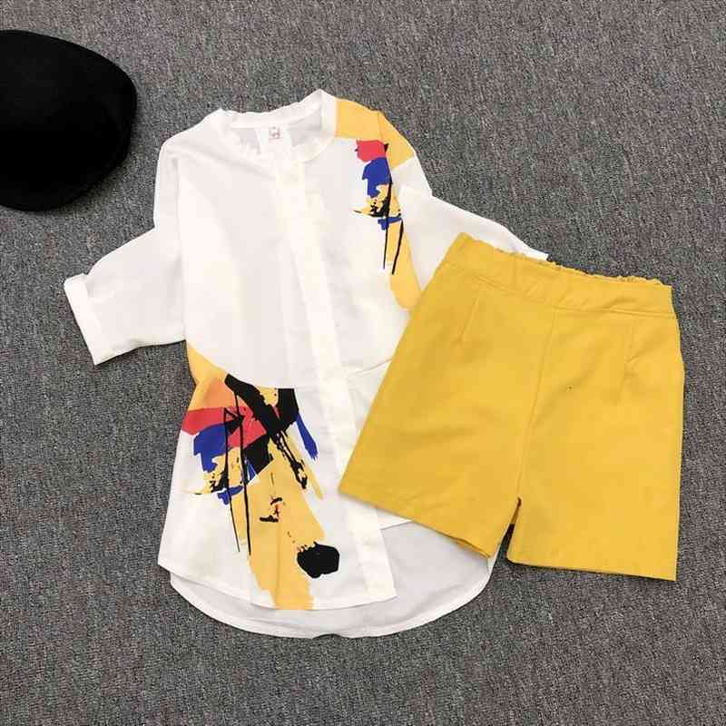 Summer 2 Pieces Suits Printed Irregular Blouse Shirt Women Tops Shorts Set Women Two Piece Set Tracksuit, Gray 
Summer 2 Pieces Suits Printed Irregular Blouse Shirt Women Tops Shorts Set Women Two Piece Set Tracksuit, Gray