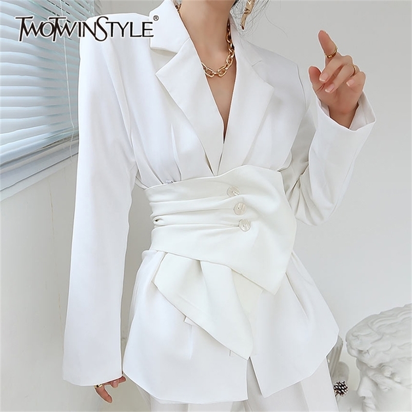 TWOTWINSTYLE White Minimalist Blazer For Women Notched Long Sleeve Sashes Elegant Blazers Female Fashion Clothing 211120