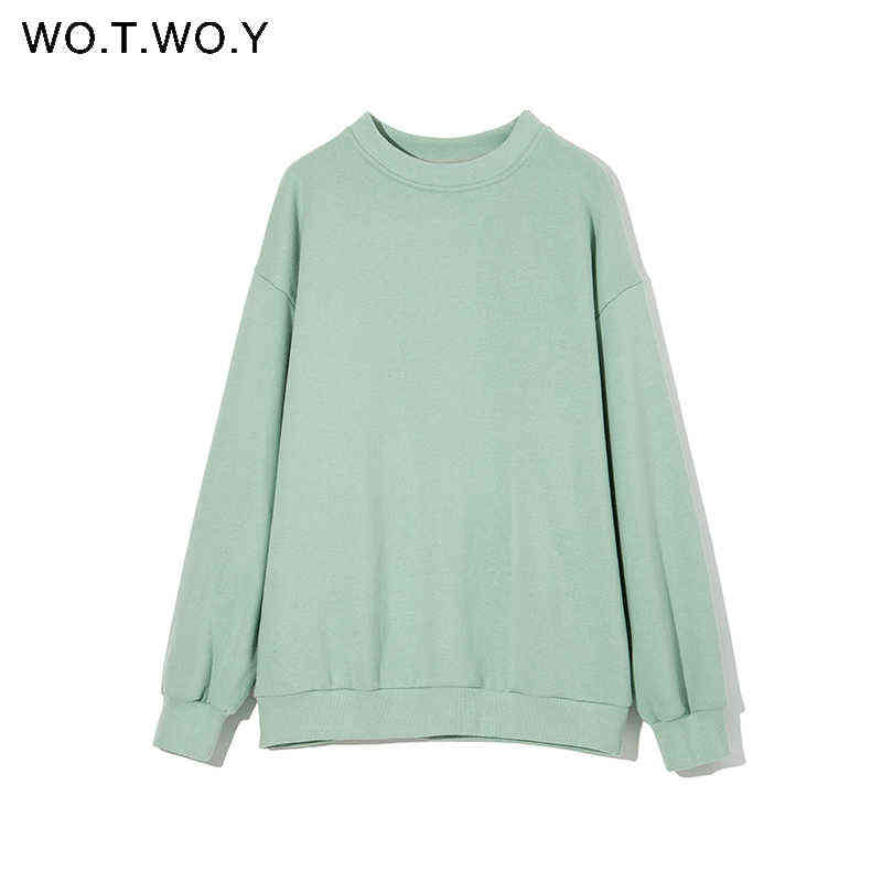WOTWOY Autumn Winter Fur-Liner Oversized Sweatshirt Women Casual Thickening Fleece Pullovers Female Soft Warm Green Tops 211108