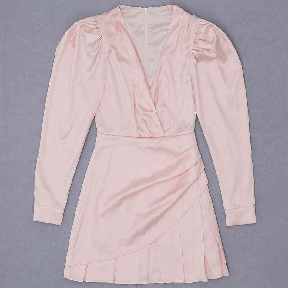 Free Women's Pink Satin Dress V-neck Bubble Long Sleeve Bodycon Draped Mini Celebrity Club Party Vestido 210524