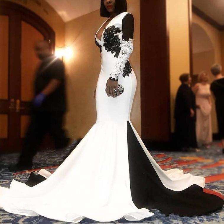 White And Black Evening Dresses Elegant Sweep Train Backless Mermaid Prom Dress Applique Lace Long Sleeves Formal Party Gowns Custom Made Robe de mari