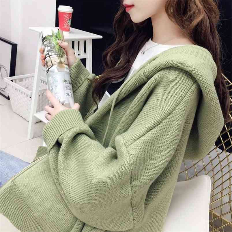 Very Fairy Sweater Cardigan Women Short Top Autumn And Winter Clothing Korean Loose Hooded Coat Thick 210427