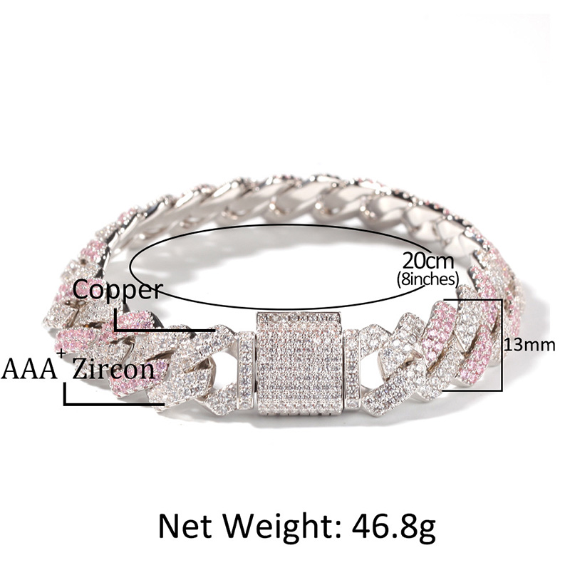 Two Tone Cuban Link Chain Bracelets Unisex Hip Hop White Pink Full Diamond Cubic Zirconia Ice Out Bling CZ Stone Curb Chains Miami Luxury Designer Rap