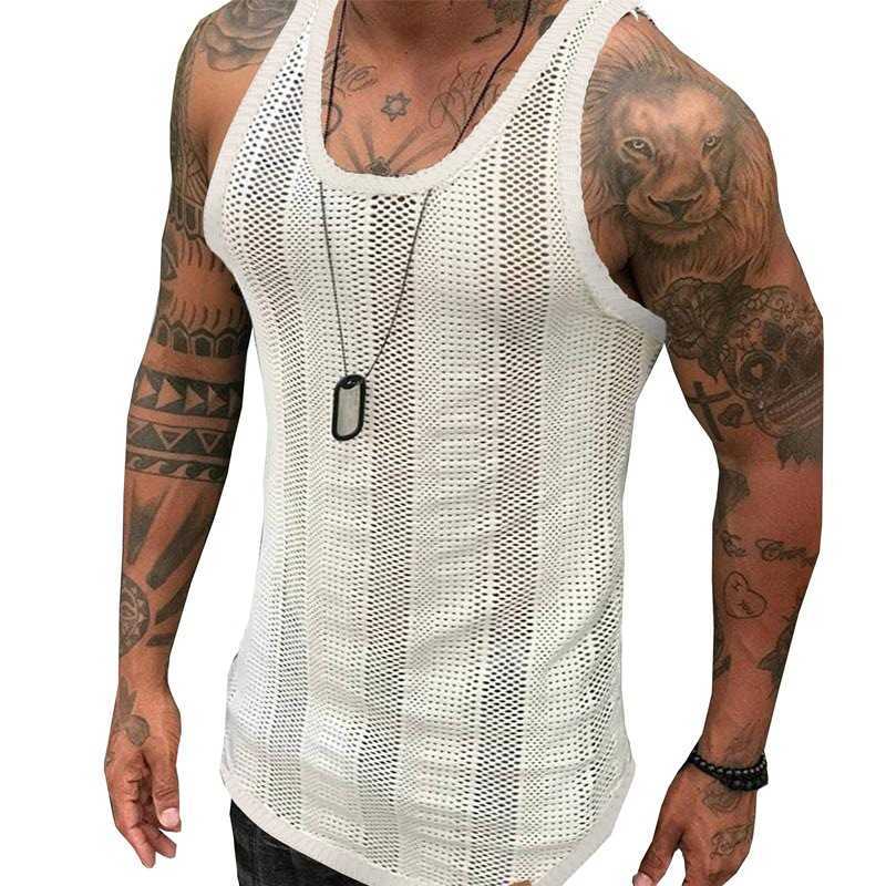 Summer Men's Sexy Sleeveless Knit Vest White Breathable Mesh Sports 210623