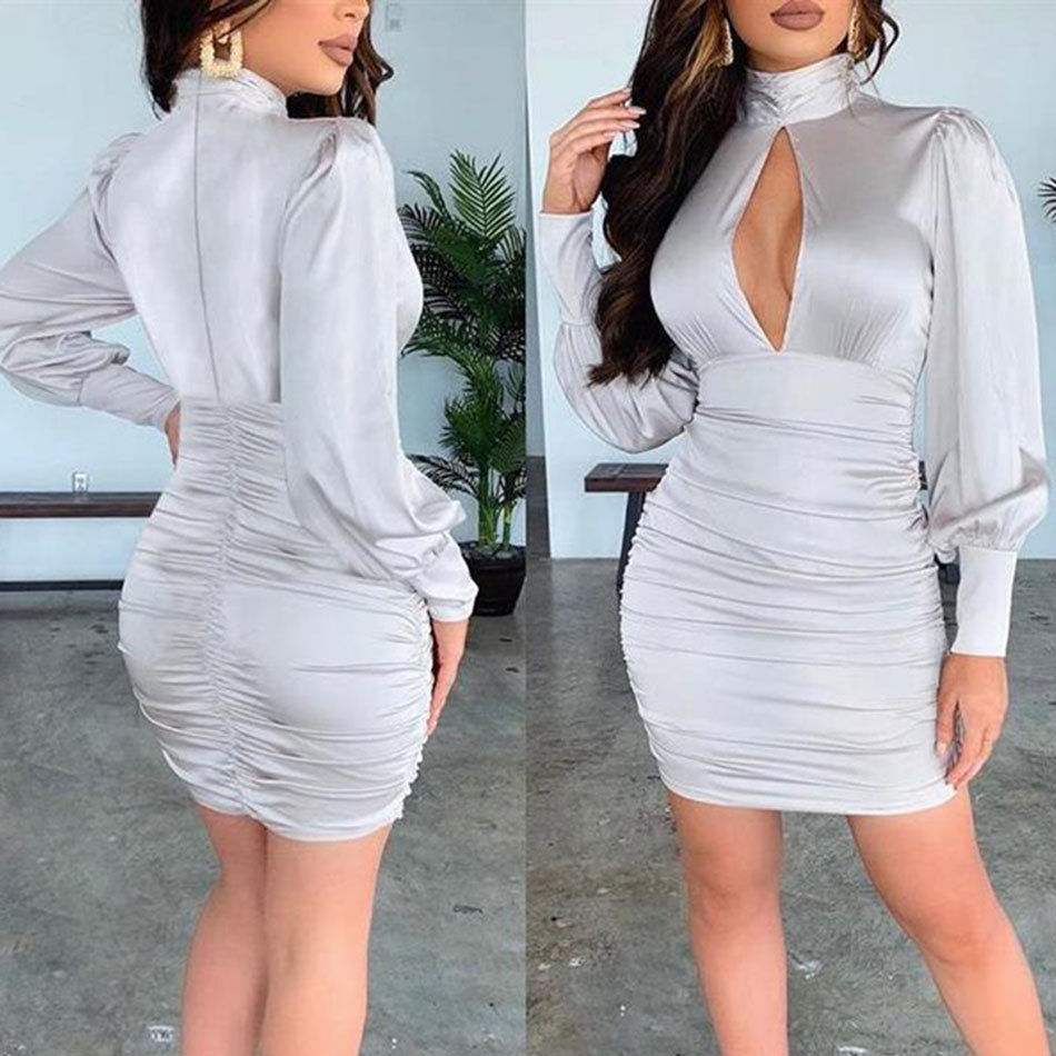 Free Sexy Satin Bodycon Mini Dress Women Stand Collar Lantern Sleeve Hollow Draped Club Party Vestidos 210524