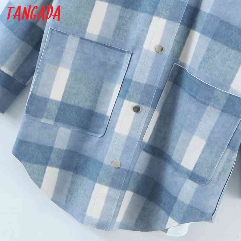 Women Blue Plaid Coats Jacket Loose Long Sleeves Pocket Ladies Elegant Coat QD07 210416