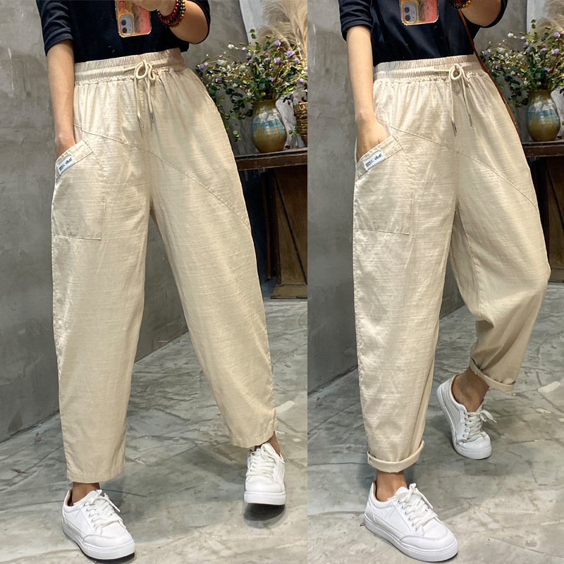 Womens Harem Trousers Spring Summer Cotton Linen loose Pants Solid Elastic waist Soft thin Female ladys trousers 210524