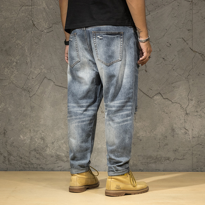 Ripped Jeans Men Plus Size Vintage Pant Holes Denim Trouser Male Fashion Distressed Blue Baggy Loose Men's Jeans Large Size 210518