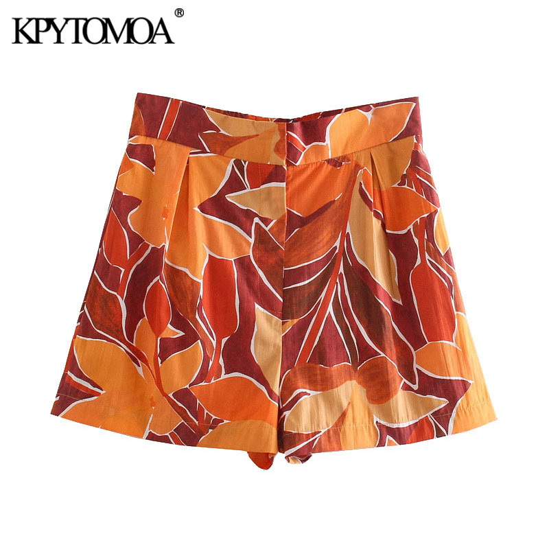 Women Chic Fashion With Darts Printed Bermuda Shorts Vintage High Elastic Waist Side Pockets Female Short Pants 210416