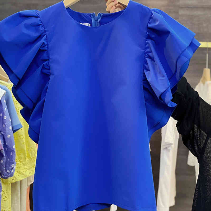 Nomikuma Woman Tshirts Summer Sweet Ruffle Tops Shirt Causal Butterfly Sleeve O-neck Fashion Graphic Tees Feminimos 6G814 210427