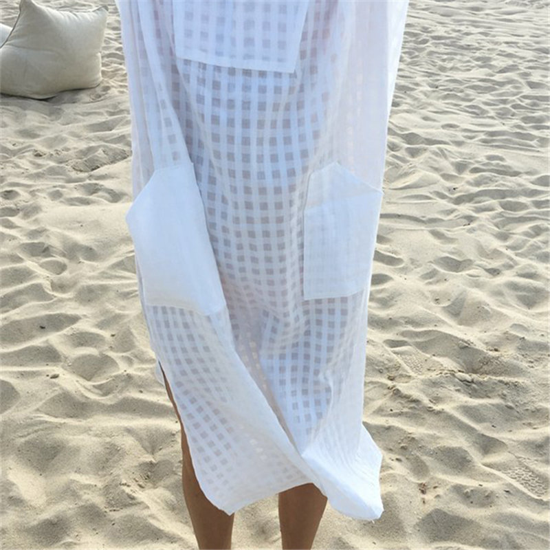 White Plaid Swimsuit cover up Beach Tunic Sarong Robe de Plage wear kaftans long Dress Womens Swim Wear #Q819 210420