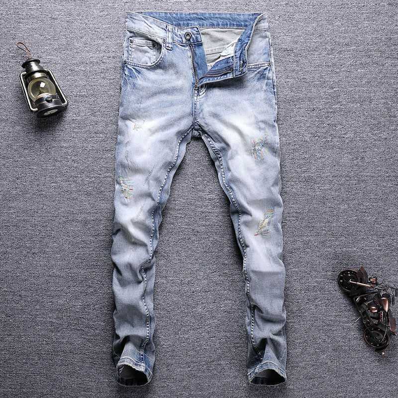 Korean Style Fashion Men Jeans Retro Light Blue Elastic Slim Ripped Streetwear Embroidery Designer Casual Denim Pants 
Korean Style Fashion Men Jeans Retro Light Blue Elastic Slim Ripped Streetwear Embroidery Designer Casual Denim Pants