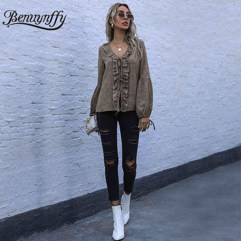 V-neck Lace up Ruffle Trim Print Blouse Women Spring Summer Long Sleeve Female Casual Loose Chiffon 210510