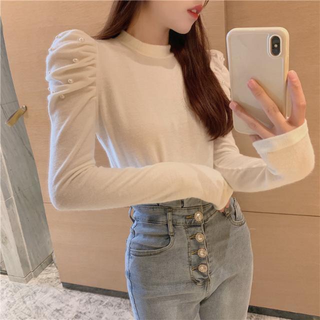 Nomikuma Korean Beads Puff Sleeve Knitted Pullovers New Stand Neck Slim Knitwear Causal Sexy Slim Sweater Camisas Mujer 6D838 210427