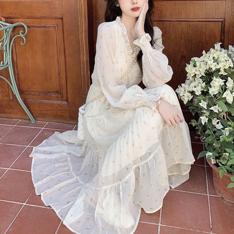 Summer Floral Dress Women French Elegant Chiffion Casual Sweet Fairy V-neck Midi Dress Office Lady Dress Korean 210521