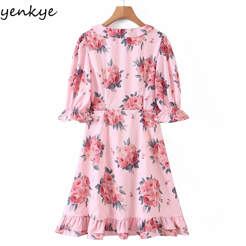 Sweet Women Floral Print Pink Holiday Summer Dress Puff Sleeve V Neck Vestido Mujer High Waist Ruffle A-line Mini 210430