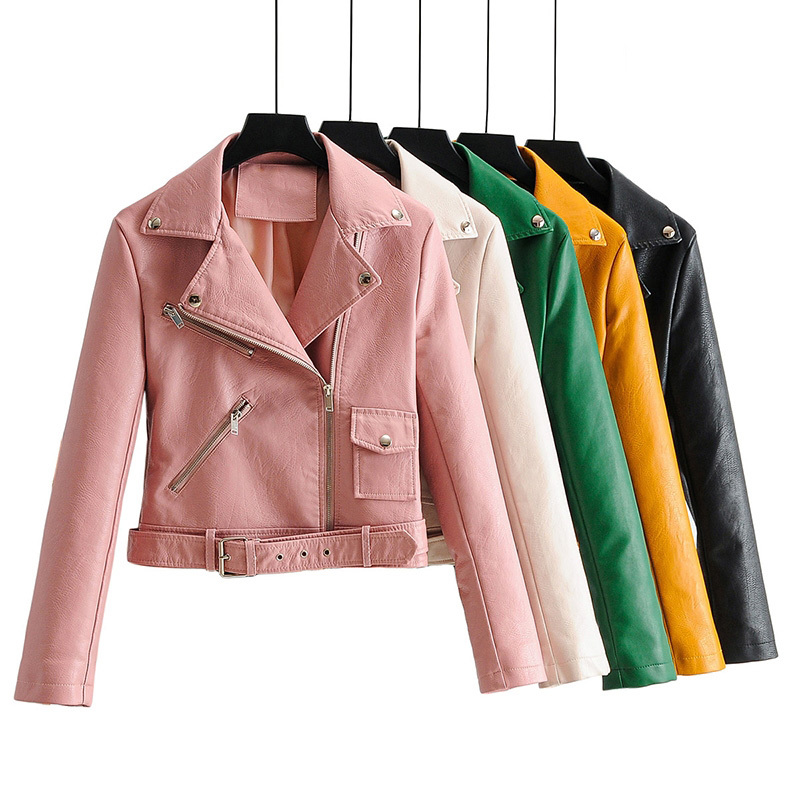 Solid Pu Leather Jacket Women With Belt Office Wear Zipper Tops Lady Long Sleeve Stylish Chic Coat Female Spring Autumn 210515