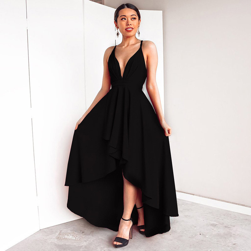Women Dress Deep V Neck Sleeveless Sexy Spaghetti Strap High Waist Backless Lace Up Asymmetry Maxi es 210513