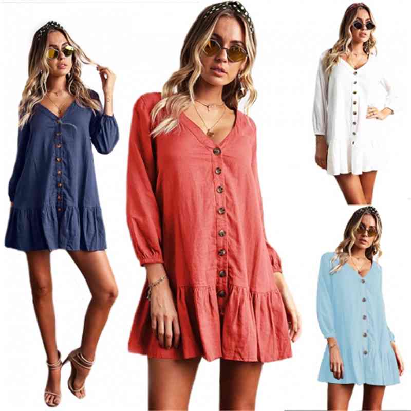 Tunic Cover-ups White Cotton Beach Mini Dress Summer Women Beachwear Sexy V-Neck Button Front Swimsuit Cover Up Q744 210420