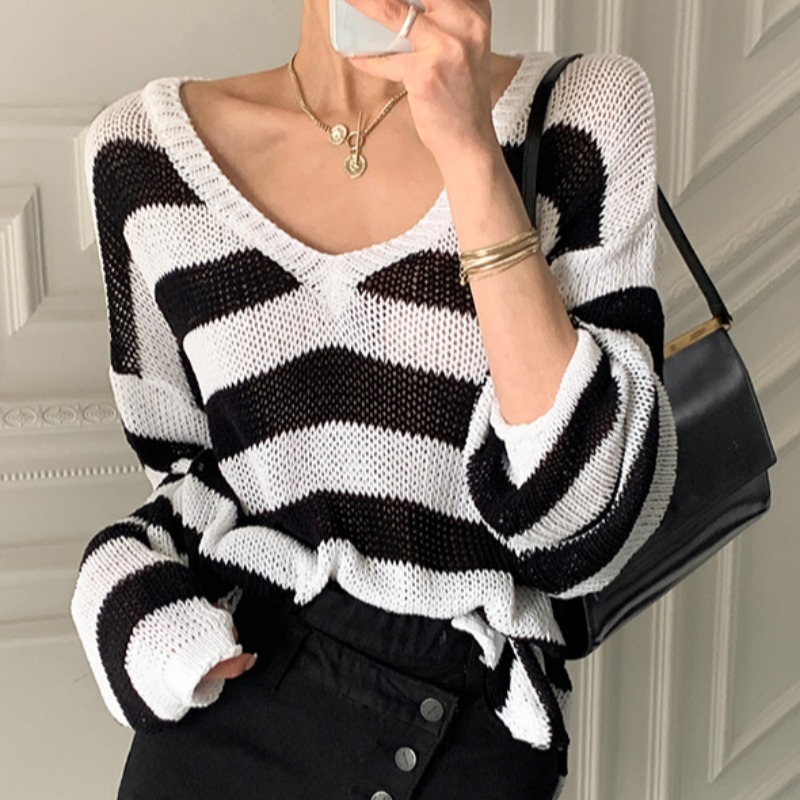 Summer Thin Knitted Pullover Sweater Women Full Sleeve V-neck Sunsreen Tops Korean Fashion Ladies Jumpers Femme 210514