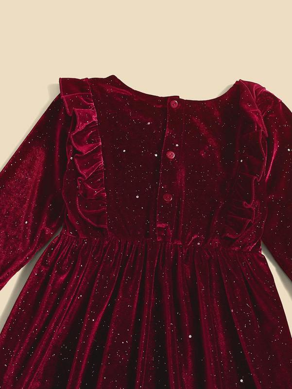 Girls 1pc Sequin Insert Star Pattern Ruffle Trim Velvet Dress SHE