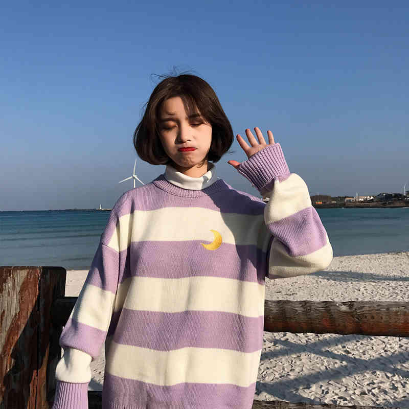 Kawaii Women's Sweaters Candy Color Stripes Moon Embroidery Sweater Sweet pink kntted sweater women winter clothes 210521