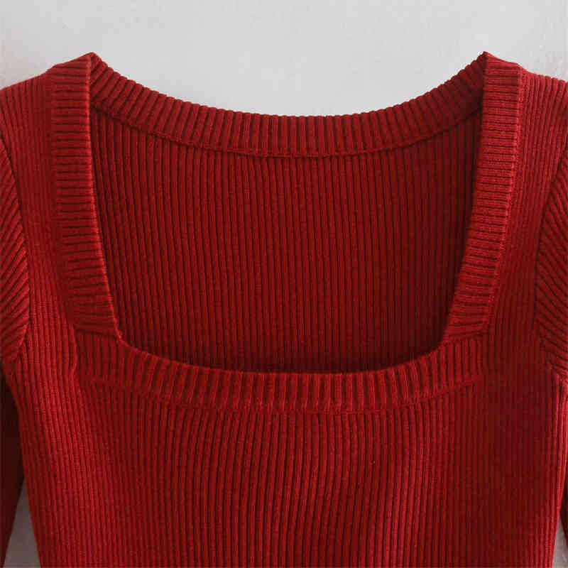 Women Long Sleeved Square Necked Warm Female Slimming Knit Sweater Top With 210521