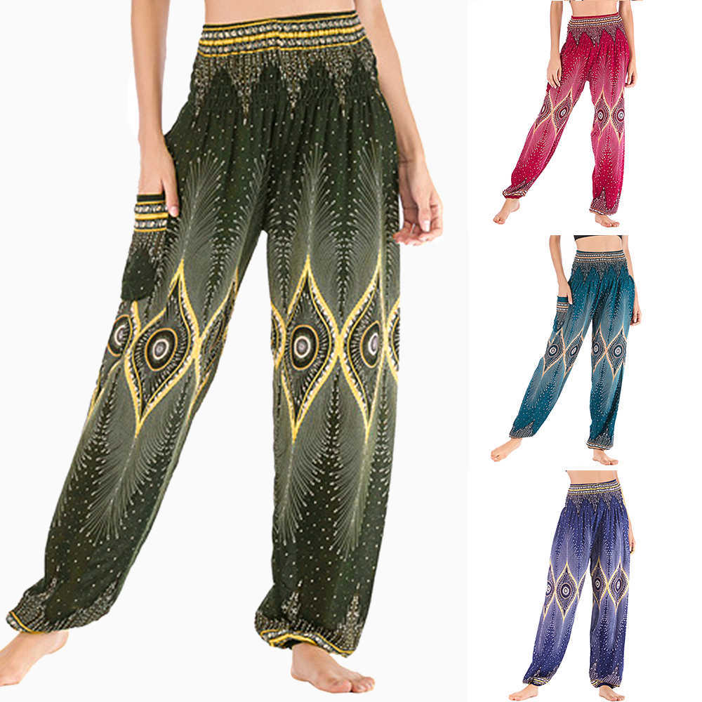 Bohemian Casual Woman High Waist Thai Print Hip Hop Pants Baggy boho dance pant Loose Hippy Lantern Pant 210604