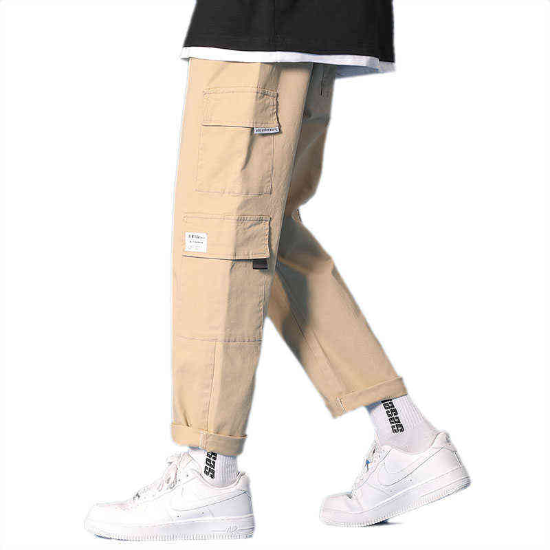 Cargo Pants Men's Spring Leisure Bunched Pants Korean Hong Kong Style Straight Leg Loose Nine Cent Pants Khaki 211119