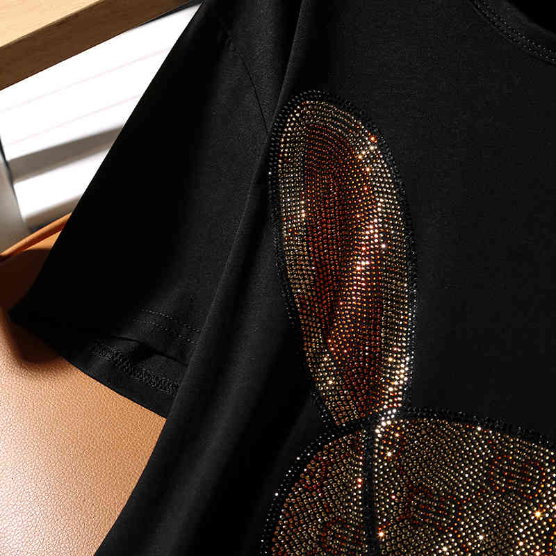 Women Fashion Diamond Short Sleeve T-Shirt Summer Black Personality Loose T Shirts Female Korean Plus Size Tops & Tees TX161 210406