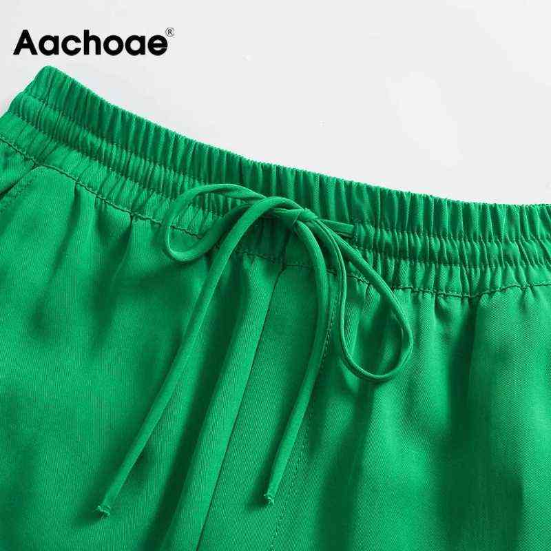Aachoae Women Wide Leg Pants Green Casual Long Trousers Fashion Vintage High Street Lady Pantalon 211115
