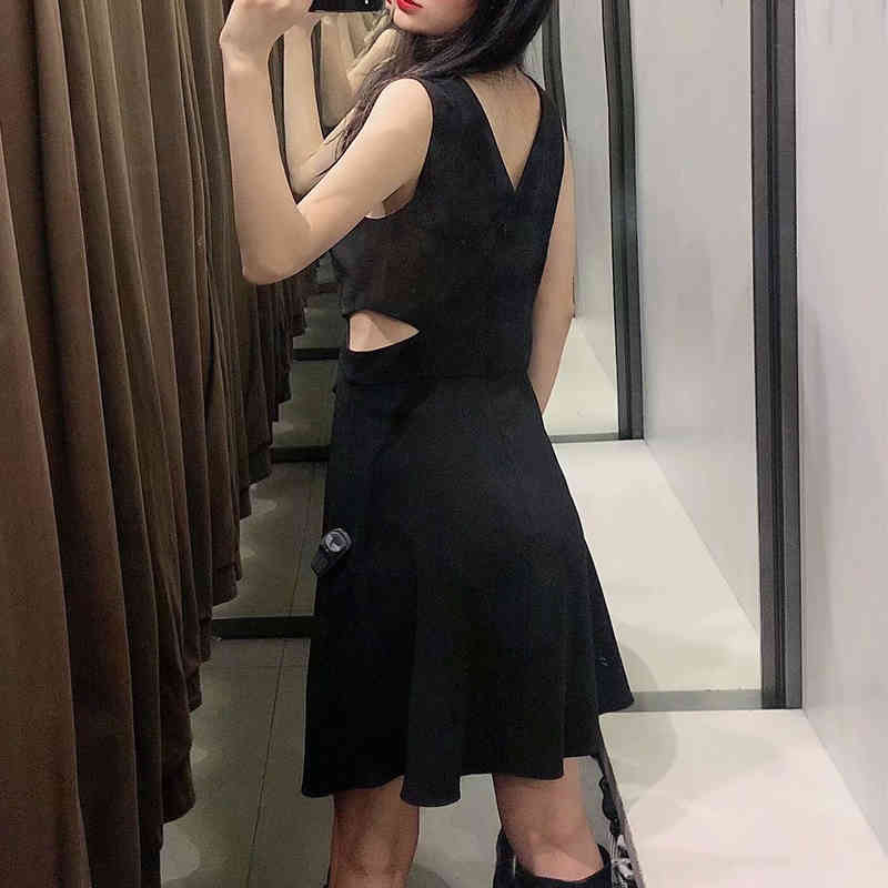 YENKYE Sexy Side Opening Waist Dress Women V Neck Sleeveless A-line Mini Vintage Black Dress Female Summer Tank Vestido 210515