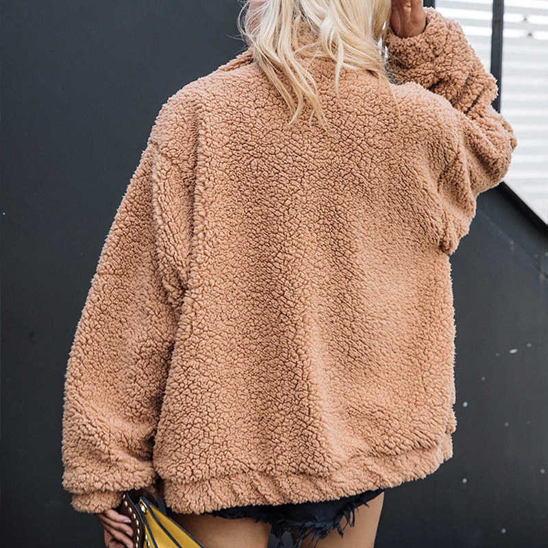 Fitaylor Spring Women Teddy Bear Coat Stand Collar Loose Plush Jacket Zipper Solid Warm Outwear Faux Lamb Coats 211019