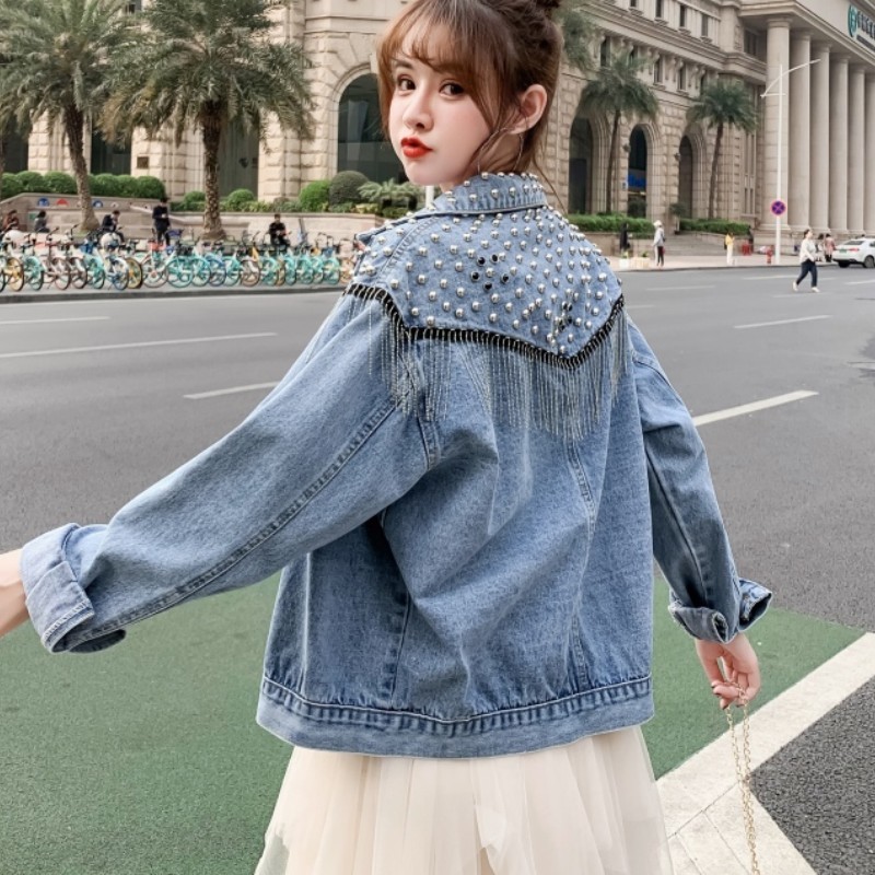 Spring Autumn Streetwear Denim Jacket Women Hand-studded Rivet Tassel Chain Short Jeans Jacket Loose Casual Outerwear 210518, Blue
Spring Autumn Streetwear Denim Jacket Women Hand-studded Rivet Tassel Chain Short Jeans Jacket Loose Casual Outerwear 210518, Blue