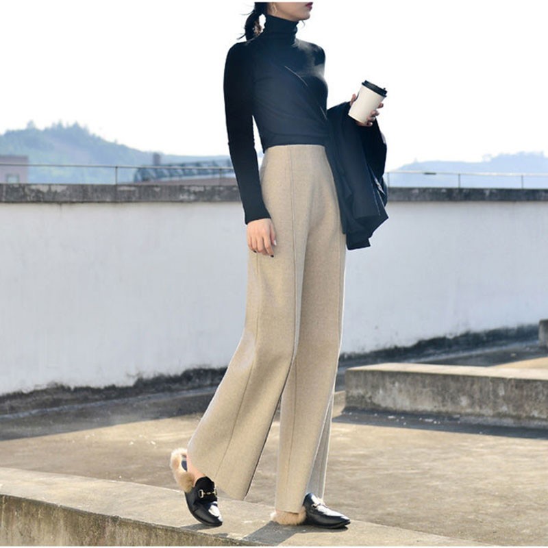 Autumn Winter Korea Fashion Women High Waist Woolen Wide Leg Pants All-matched Casual Solid Loose Femme Trousers V278 210512