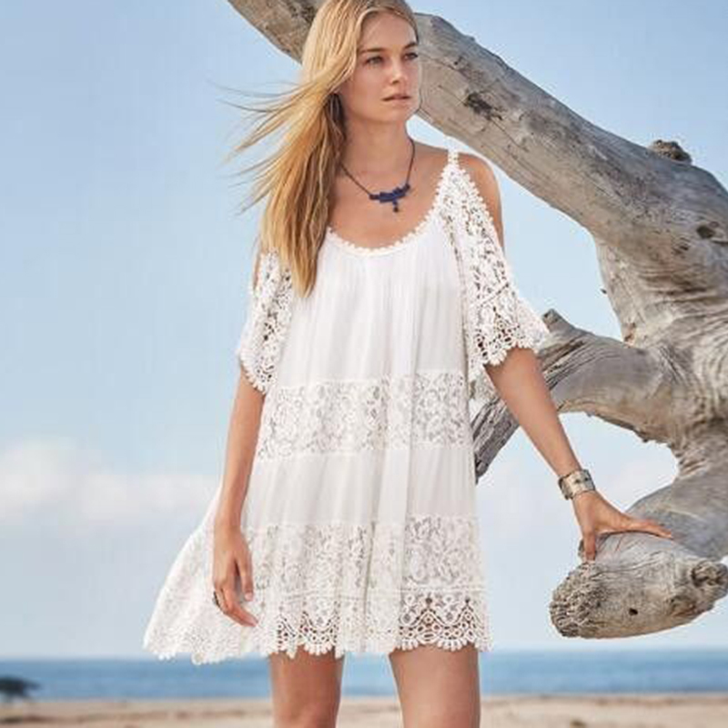 Women Fashion Beachwear Cover-ups Sexy Cold Shoulder Summer Beach Dress White Cotton Tunic Swimsuit Cover Up Sarongs #Q826 210420
