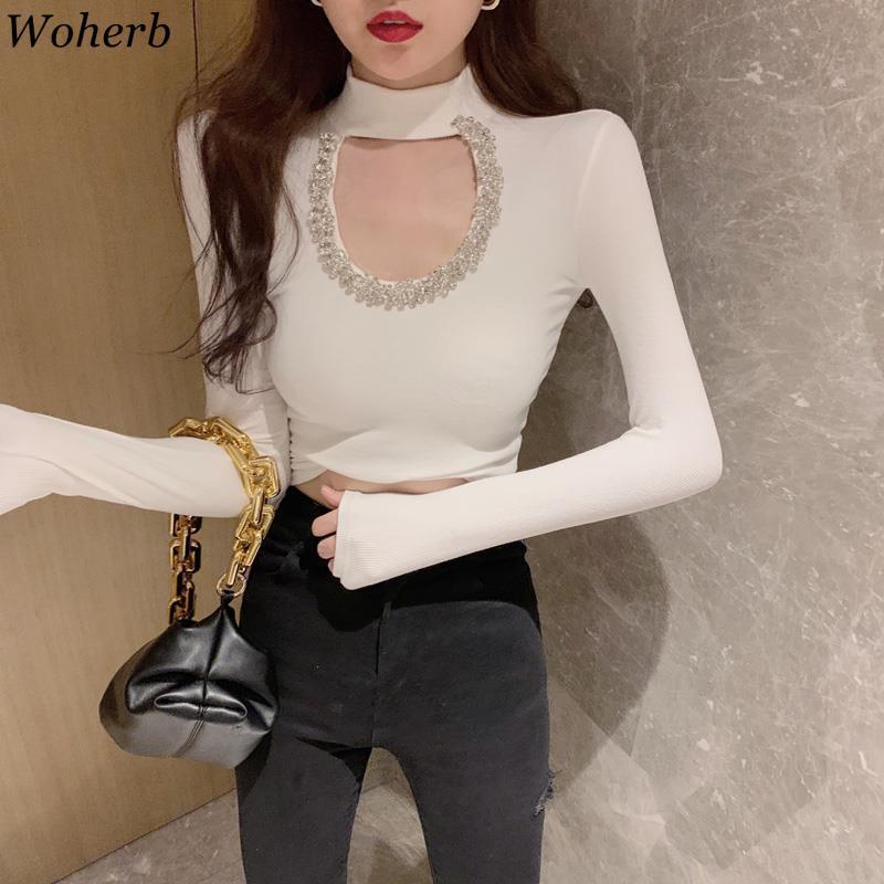 Neploe Sexy Lady Pullovers Heavy Beading Hollow Out Knitted Sweaters for Women Half Turtleneck Slim Long Sleeve Jumper Tops 210519