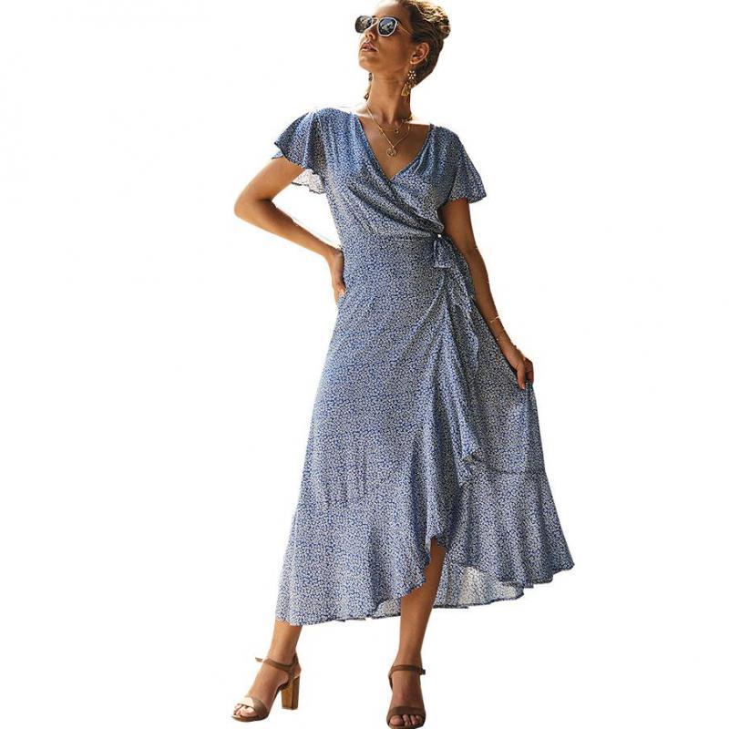 Women Dress Ruffles Asymmetrical Bandage Bohemian Dresses For Plus Size Long Flower Beach 210513