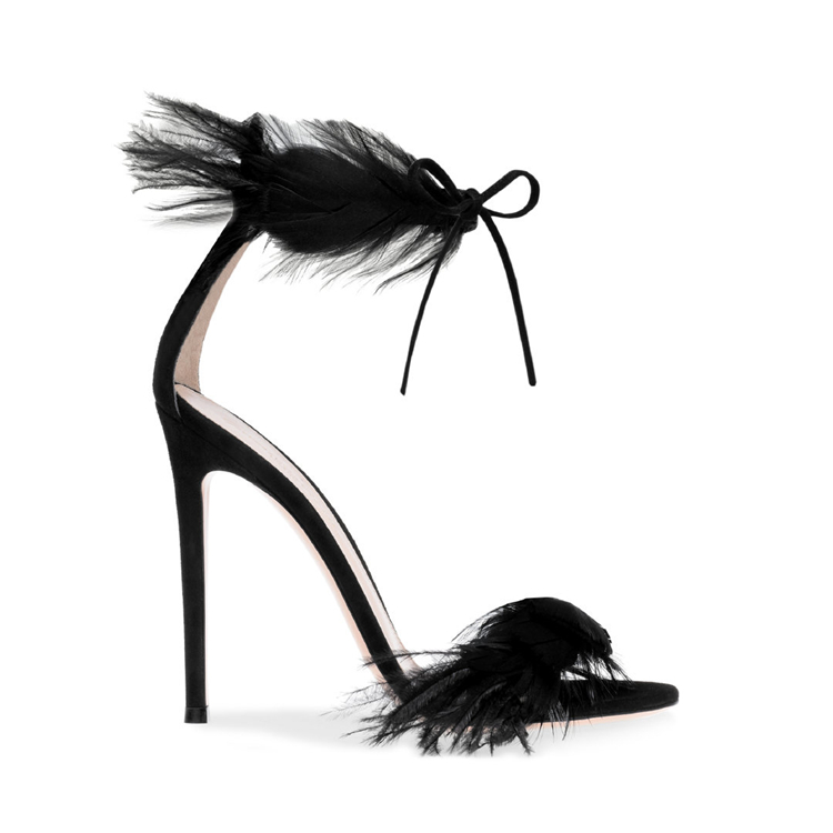 Sexy White Feather Wedding Shoes For Bride Lady Fashion Ankle Strap Open Toe Sheepskin High Heels Women Prom Evening Pumps Stiletto Cocktail Party Sho