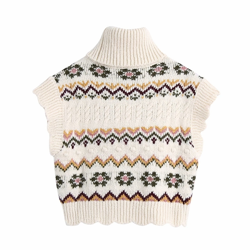 Causal Women Turtleneck Sweater Fashion Ladies Ruffles Knitted Tops Streetwear Female Chic Geometry Jacquard Pullover 210430