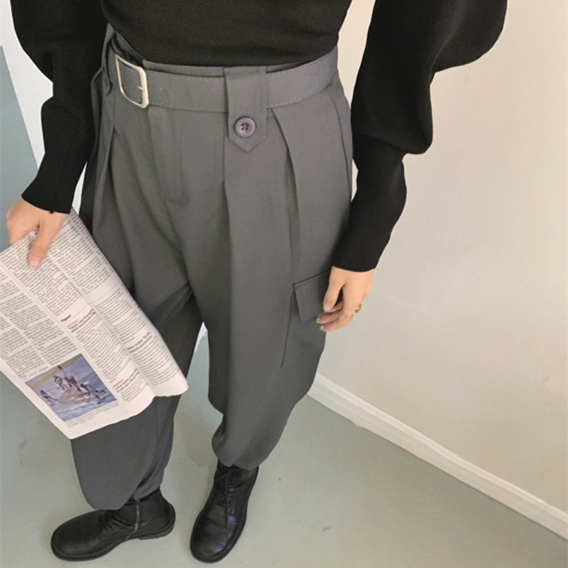 OL Minimalist High Waist Overalls Pants Women Spring Fall Casual Sportswear Waistband Cargo Suit Trousers 210421