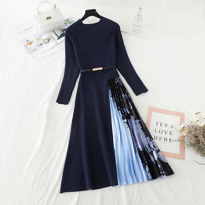 Autumn Winter Knitted Dress Women O-Neck Pleated Long sleeve Sweater Dress Elegant Knit Patchwork Midi Dress With Belt 210521