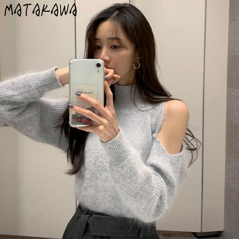 MATAKAWA Korean Spring Turtleneck Strapless Woman Sweaters Wild Mohair Long-sleeved Pullover Knitted Sweater Women 210513