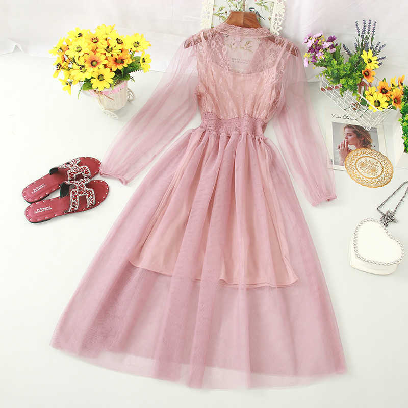 LY VAREY LIN Summer Sweet Puff Sleeve Netting Dress Solid A Line High Waist Medium 210526