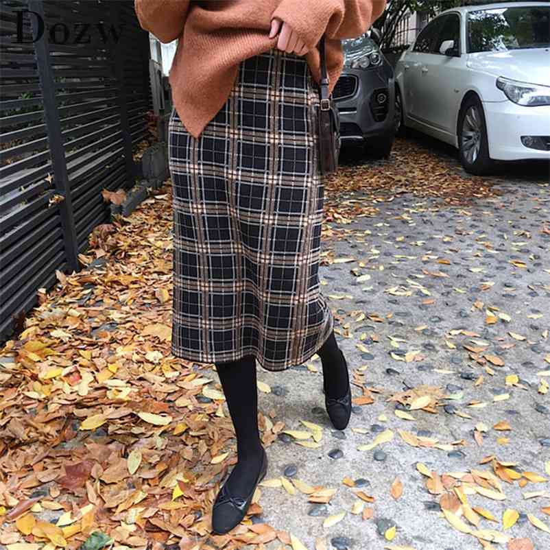 Plaid Skirts Womens Autumn Winter Vintage Saia Slim Casual Women Knee Length Pencil Elegant OL Bodycon 210515